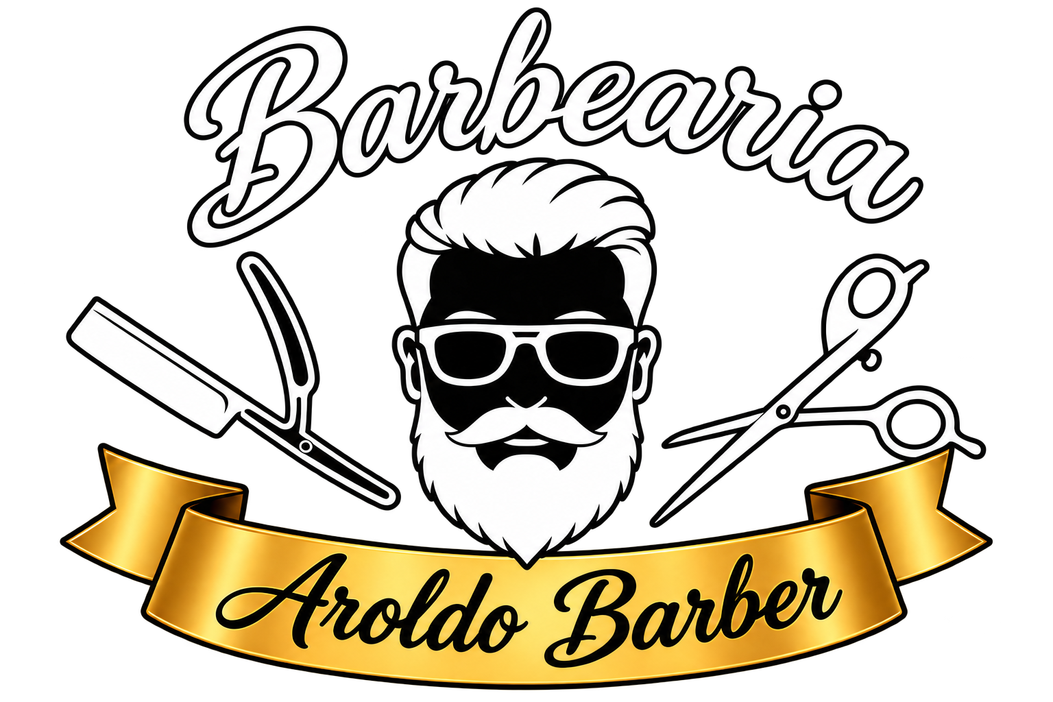 Logo Aroldo Barber: rosto do barbeiro, navalha, tesoura e faixa dourada