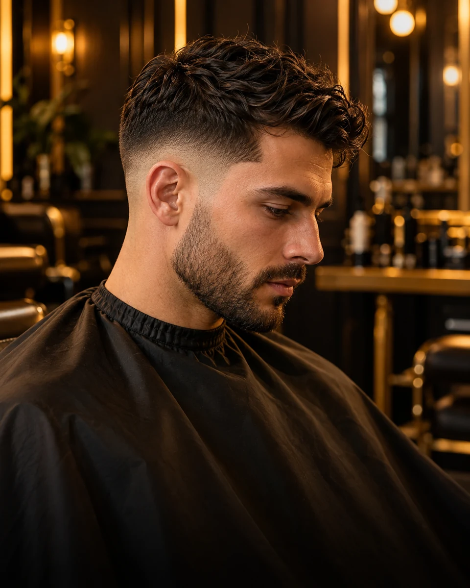 Homem com corte masculino degradê e acabamento definido